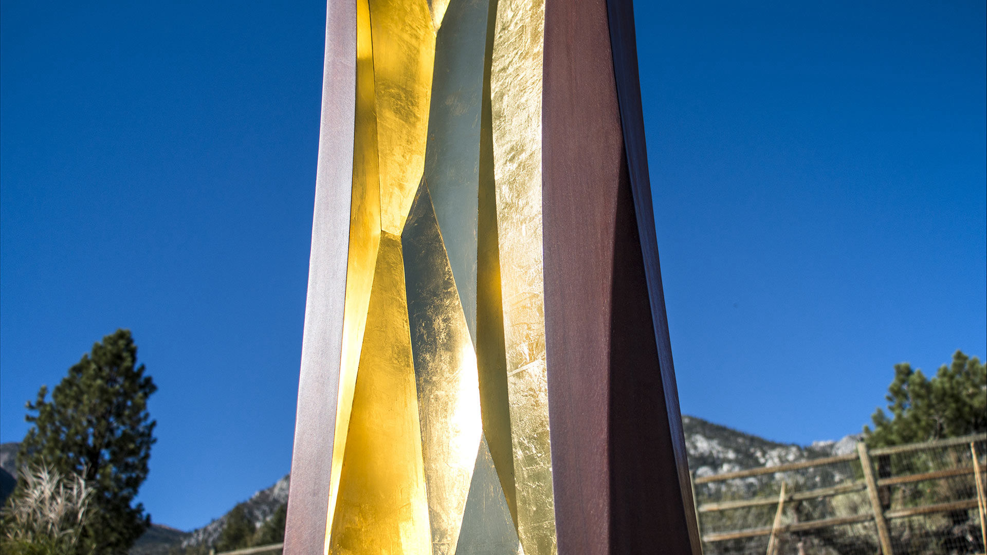 Cor corten and gold public art sculpture by Heath Satow Lake Tahoe NV