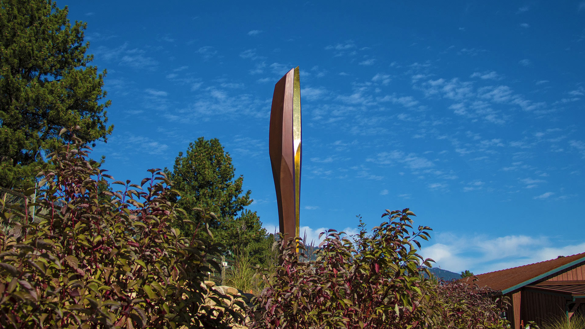 Cor corten and gold public art sculpture by Heath Satow Lake Tahoe NV