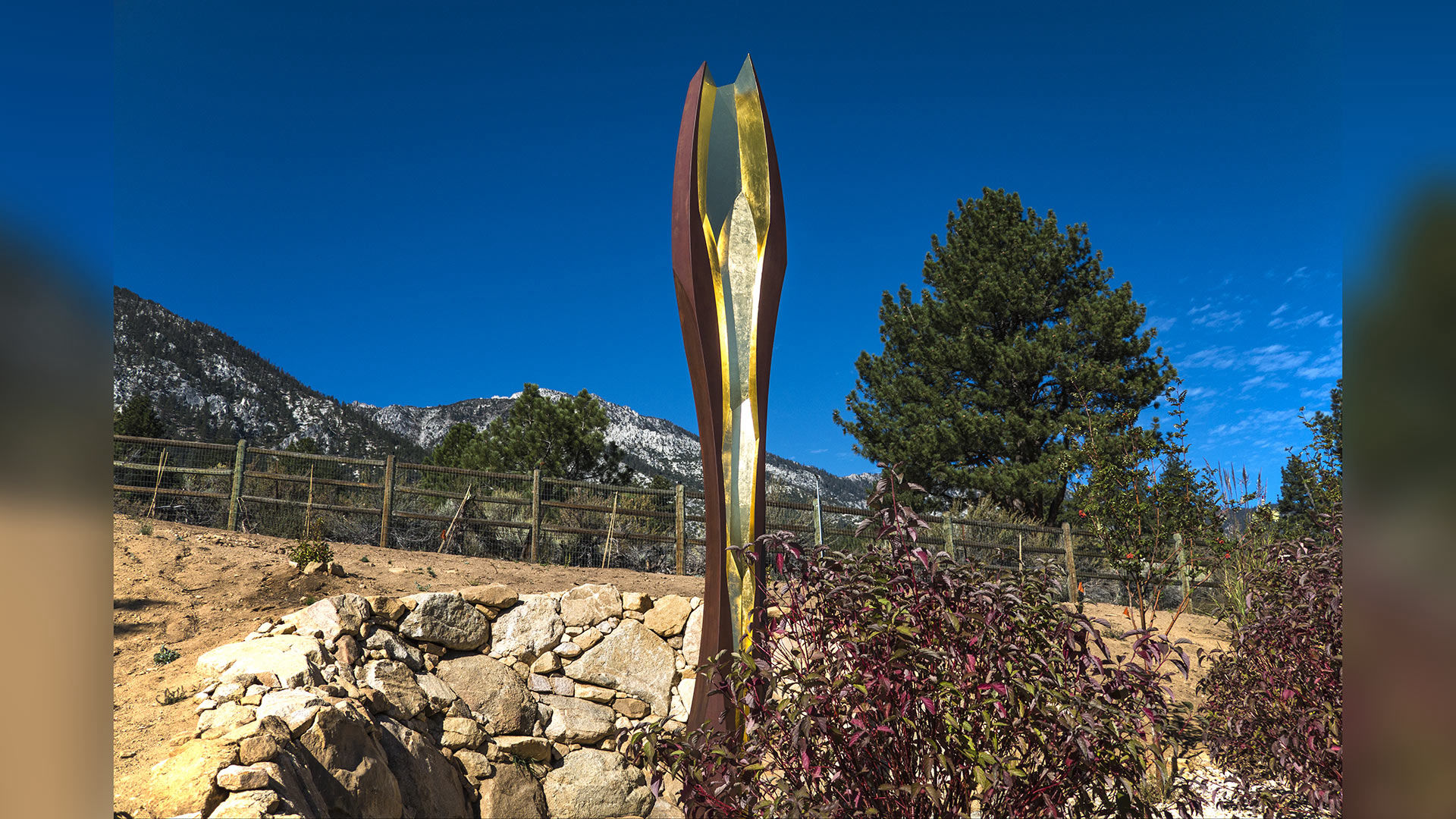 Cor corten and gold public art sculpture by Heath Satow Lake Tahoe NV