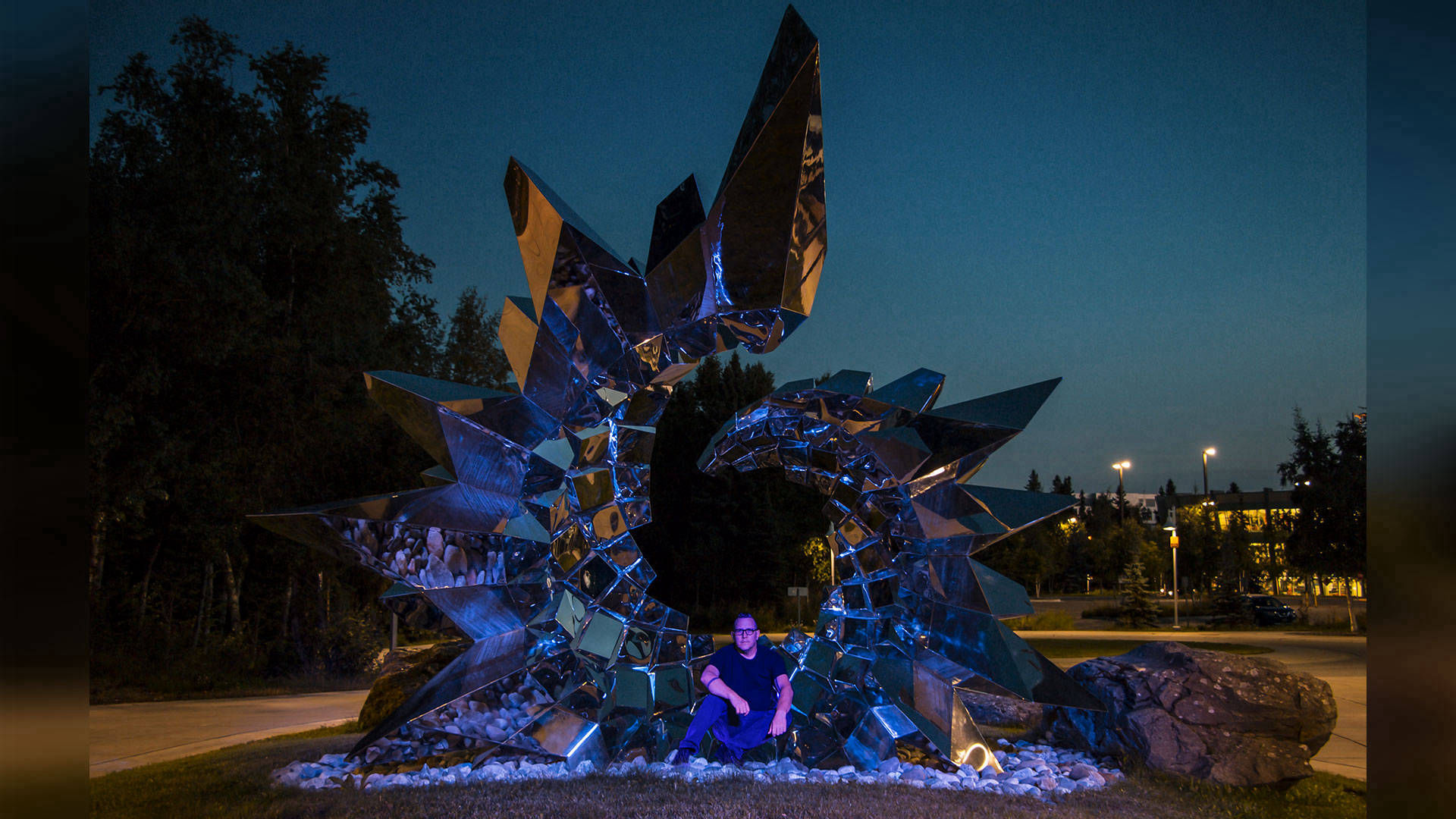 Inflorescence - mirror polished stainless steel public art sculpture by Heath Satow UAA Anchorage AK