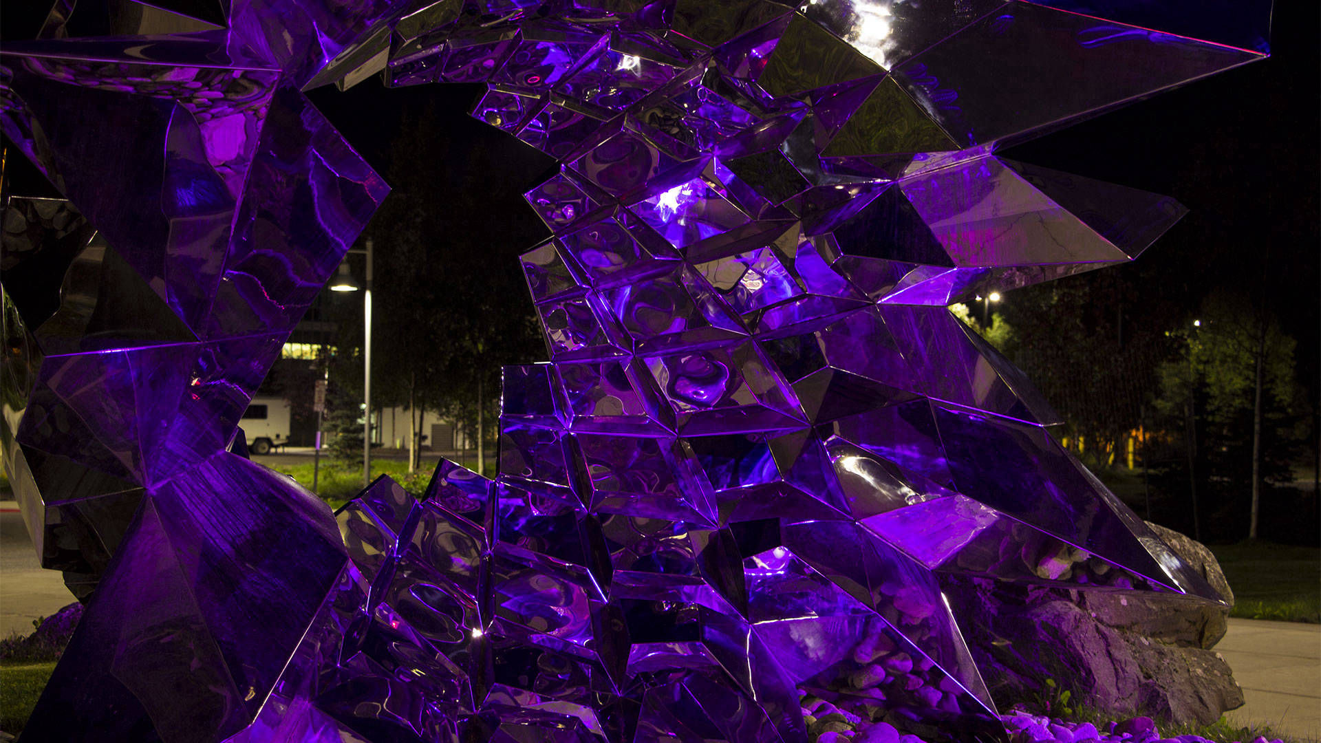 Inflorescence - mirror polished stainless steel public art sculpture by Heath Satow UAA Anchorage AK