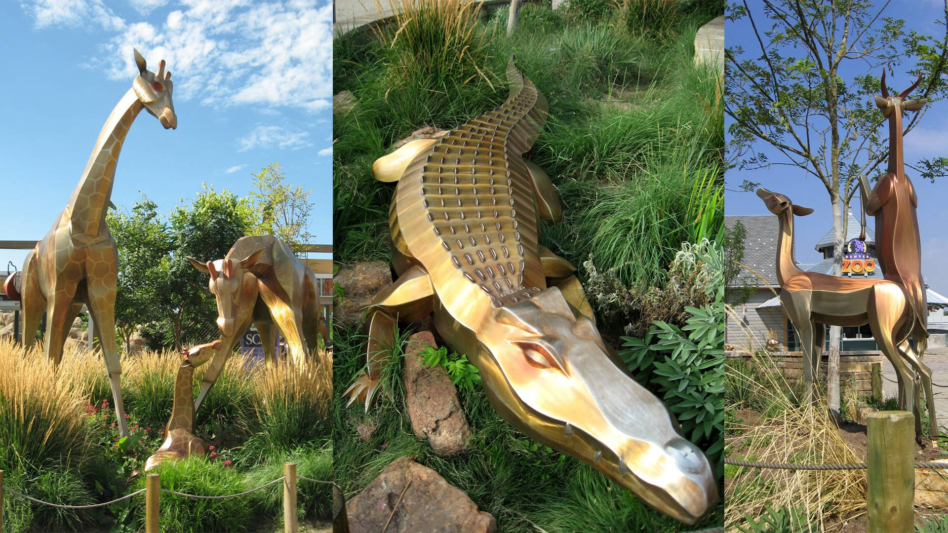 Stainless steel with patina animals for Denver Zoo - public art sculpture by Heath Satow in Denver, CO