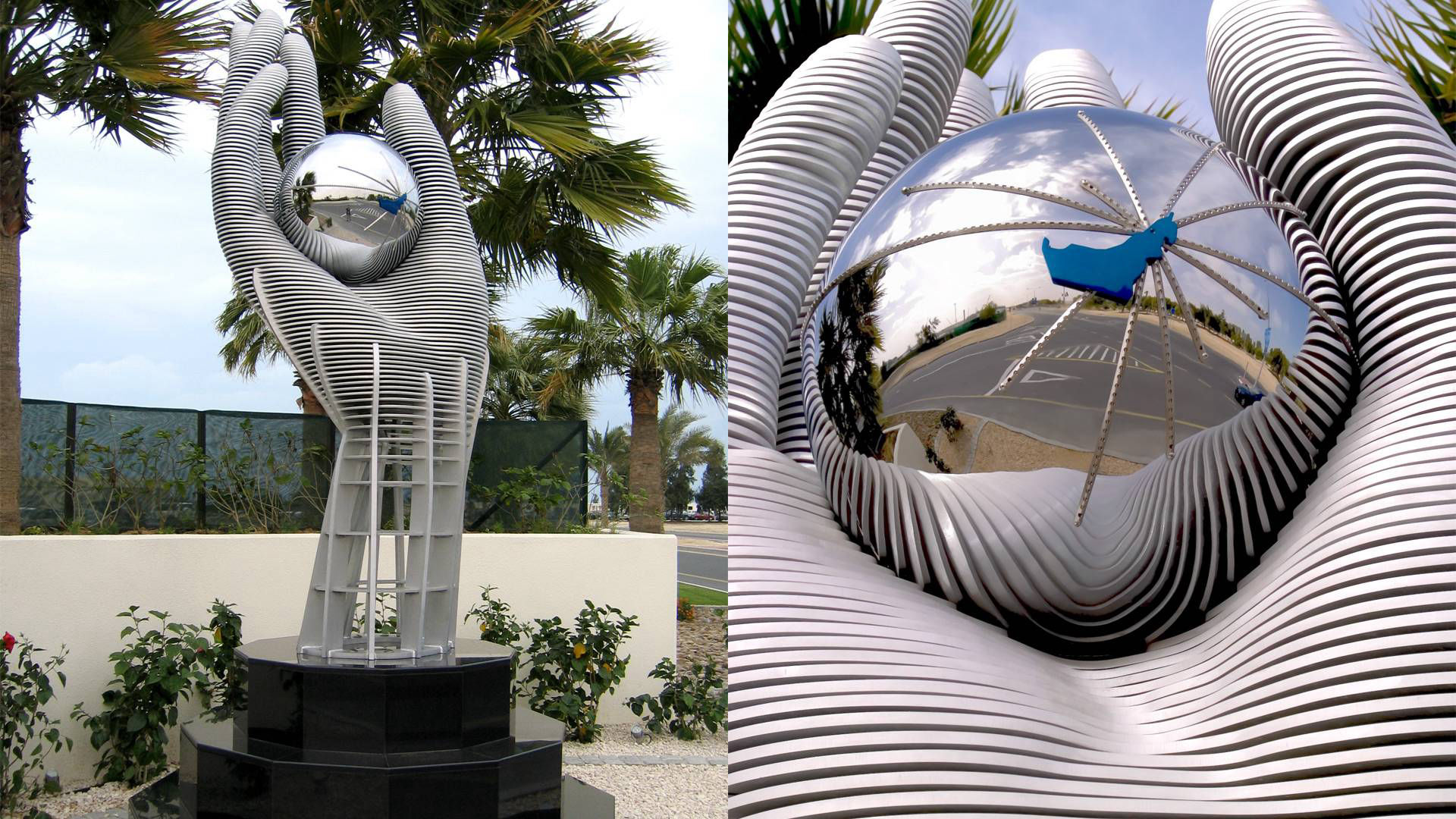Hand sculpture for Dubai Aluminum, public art sculpture by Heath Satow in Dubai, UAE