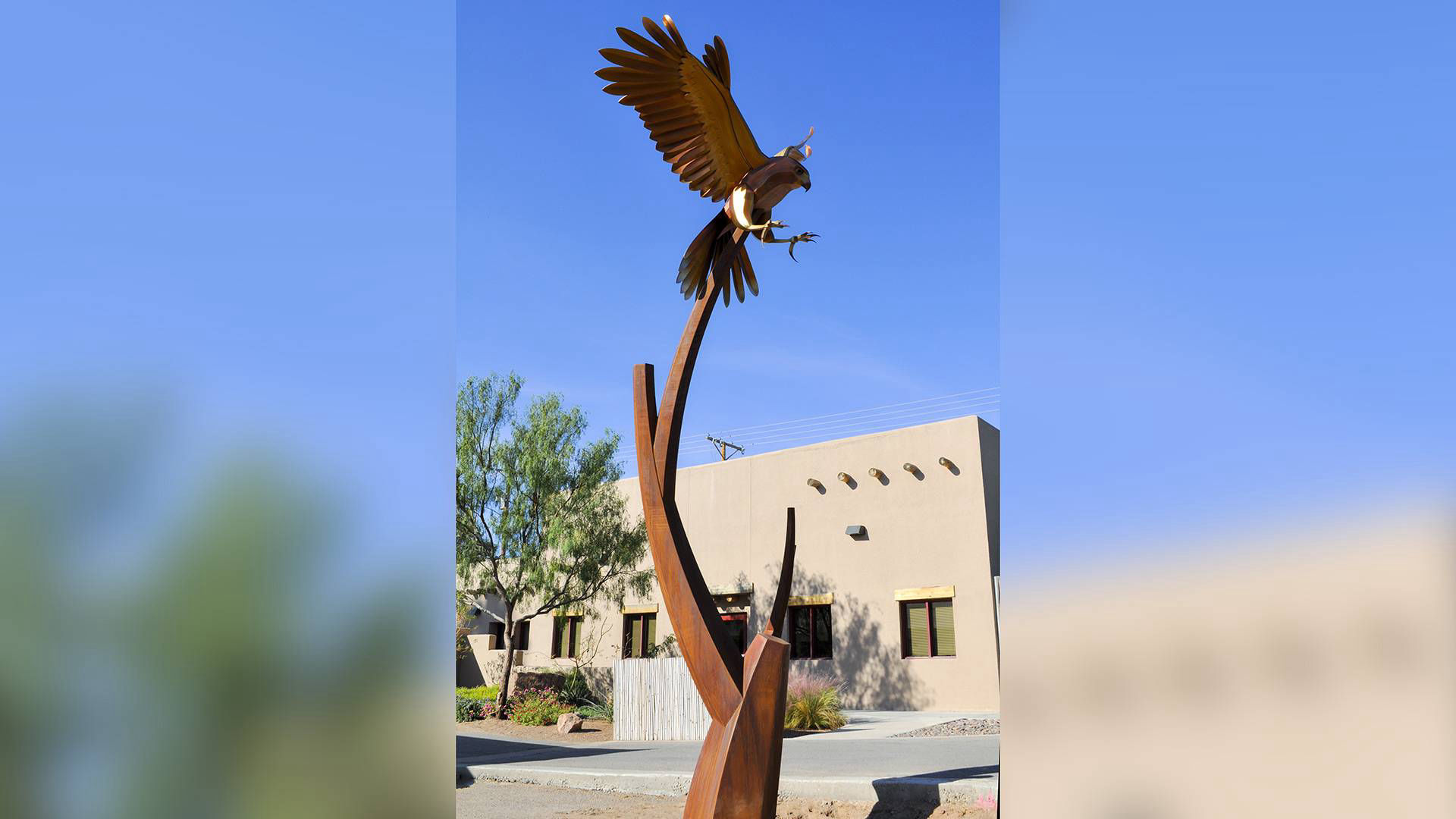 corten and stainless steel public art hawk sculpture by Heath Satow El Paso, TX