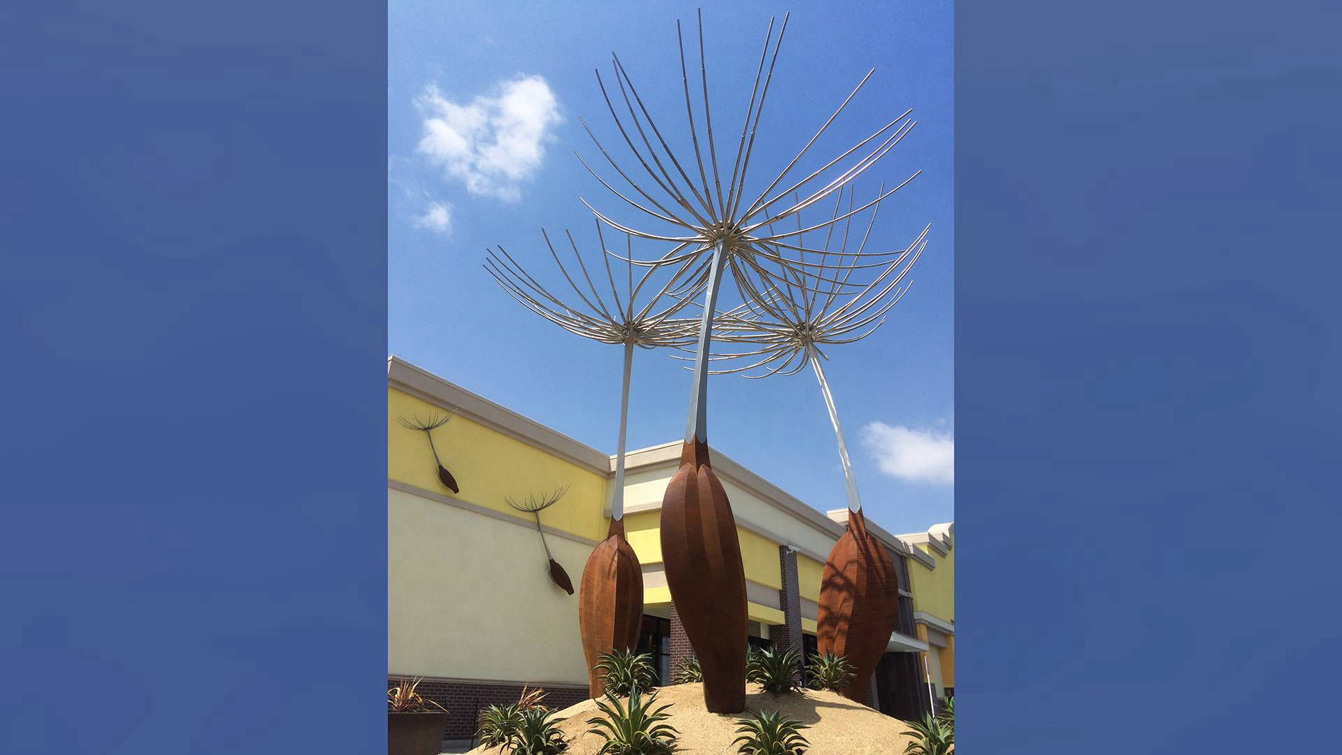 Wish - corten stainless steel public art dandelion sculpture by Heath Satow Los Angeles CA