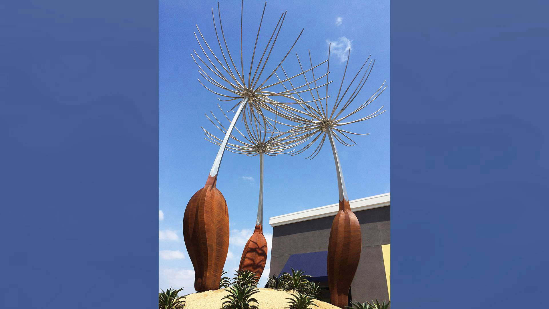 Wish - corten stainless steel public art dandelion sculpture by Heath Satow Los Angeles CA