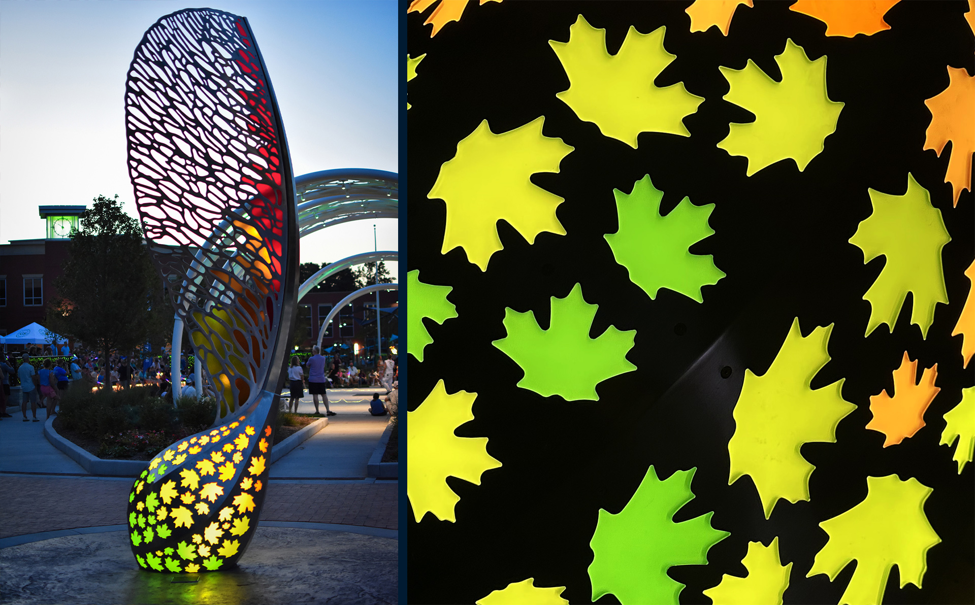 Everything Changes With a Dream — stainless steel polycarbonate LEDs public art sculpture by Heath Satow, Lee's Summit, MO