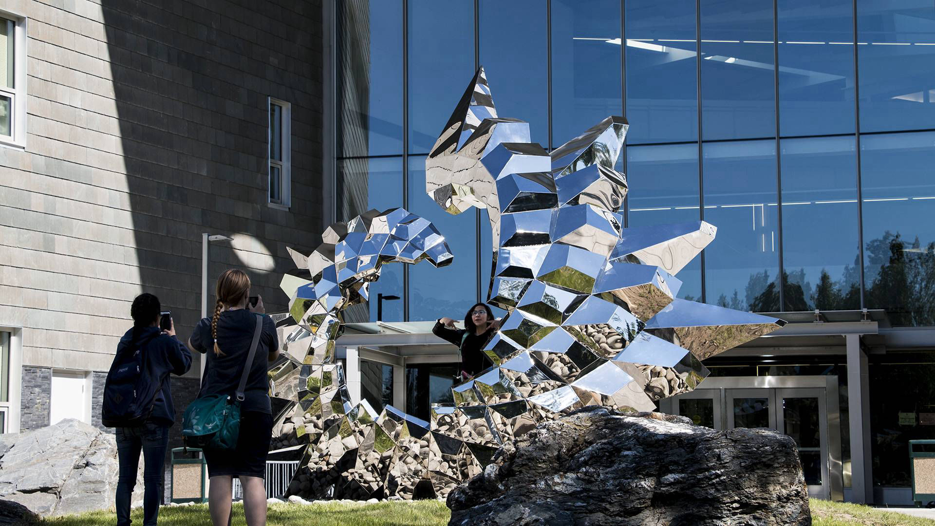 Inflorescence — mirror-polished stainless steel public art sculpture by Heath Satow, Anchorage, AK