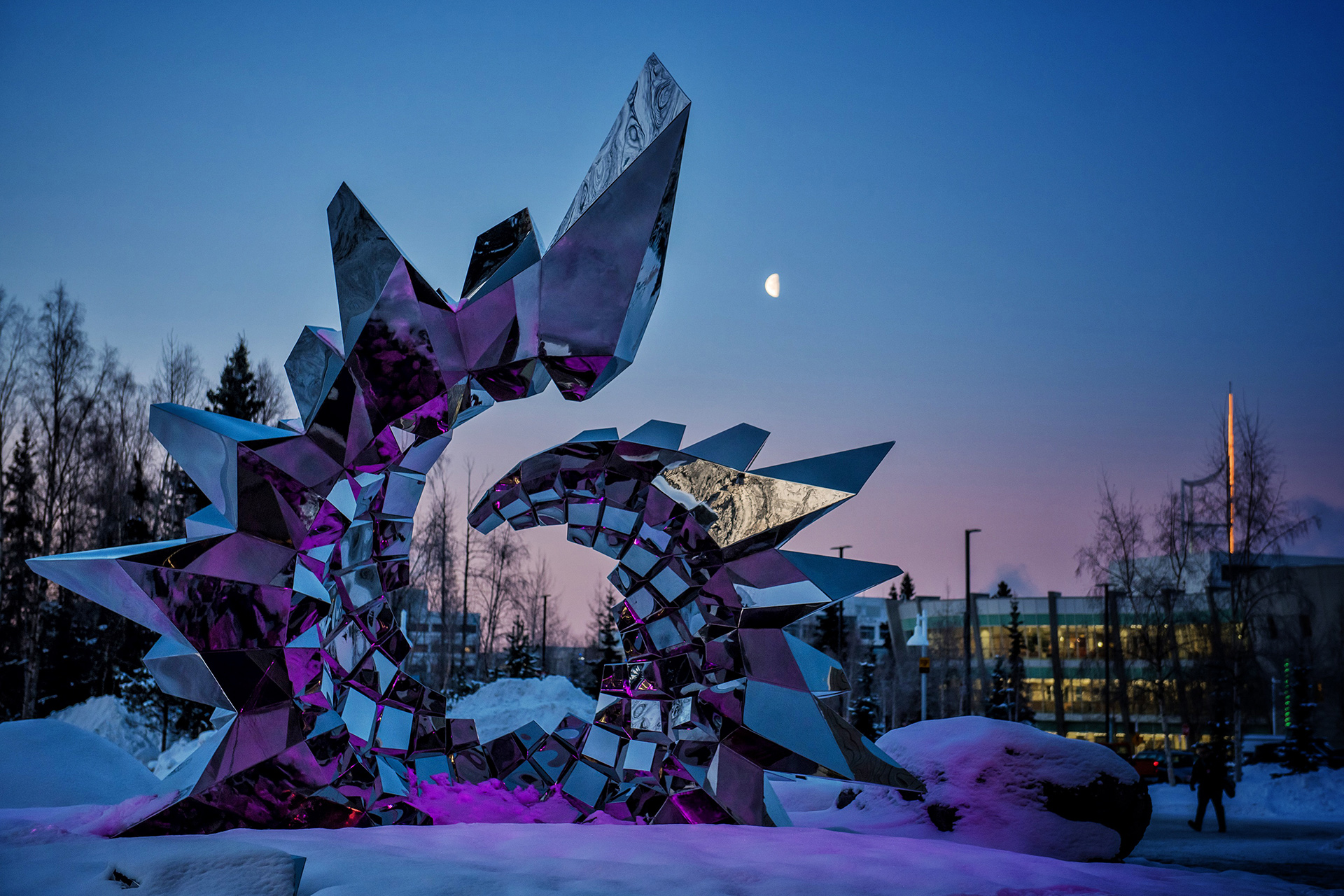 Inflorescence — mirror-polished stainless steel public art sculpture by Heath Satow, Anchorage, AK