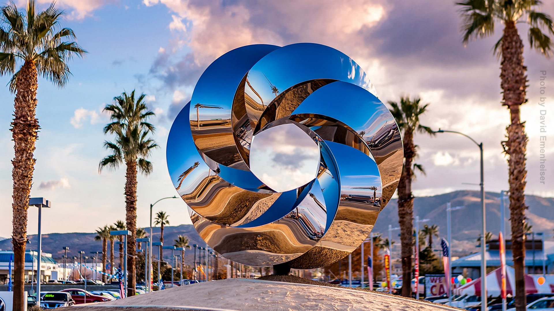 Revolution — mirror-polished stainless steel public art sculpture by Heath Satow, Palmdale, CA