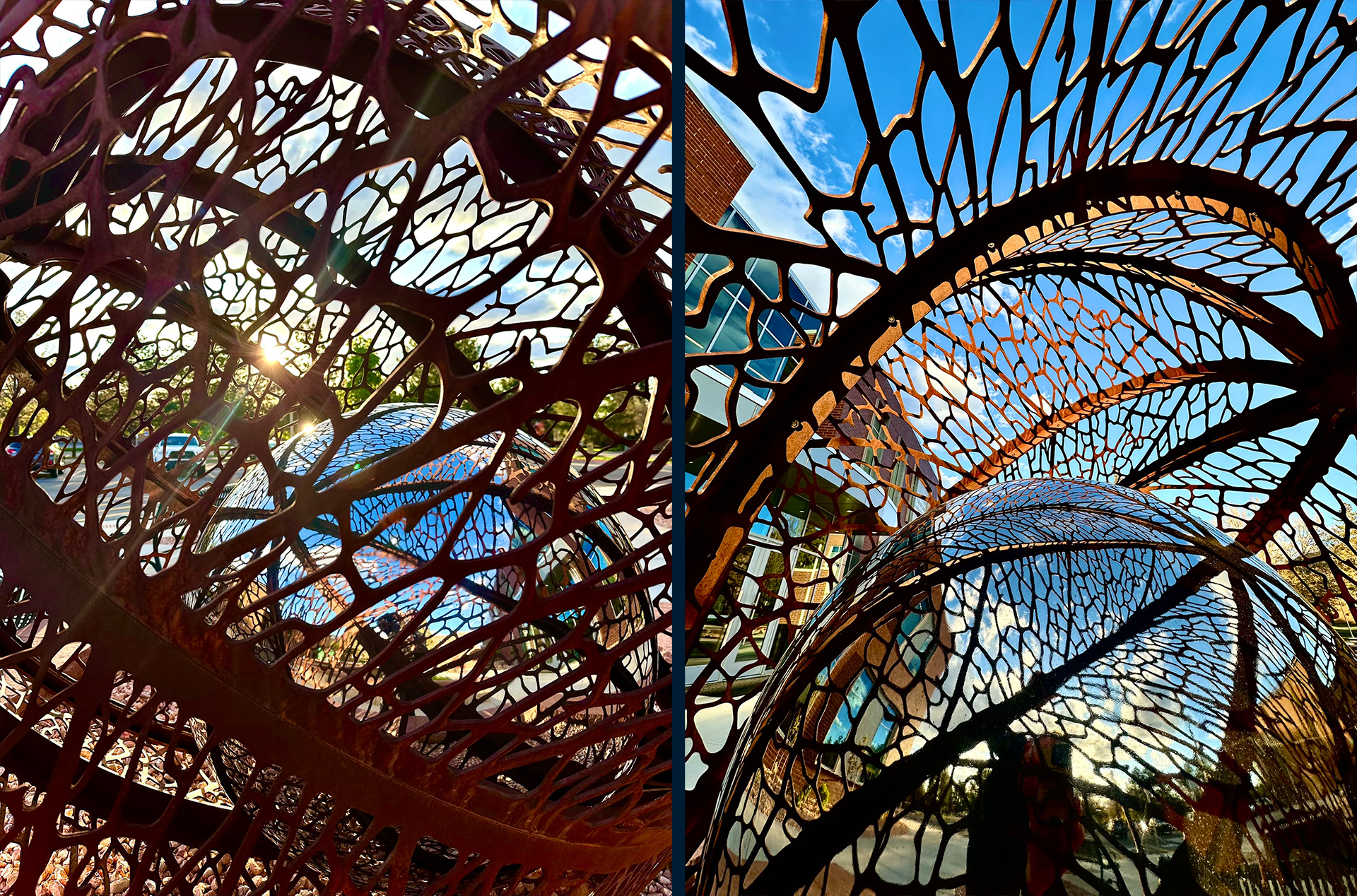 The Seed — corten and mirror-polished stainless steel public art sculpture by Heath Satow, Cedar City, UT