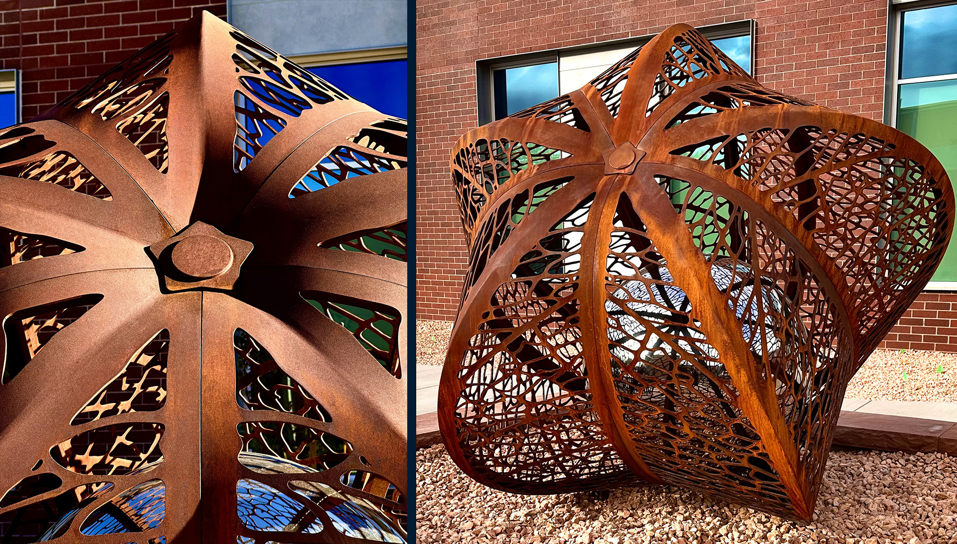The Seed — corten and mirror-polished stainless steel public art sculpture by Heath Satow, Cedar City, UT