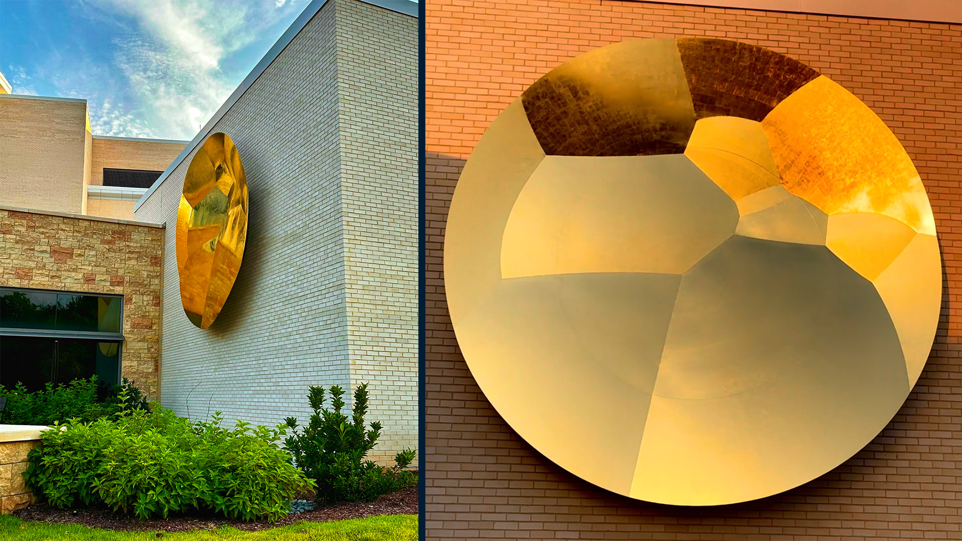 Solace — 23.75K gold, stainless steel public art sculpture by Heath Satow, Raleigh, NC, UNC Rex Cancer Center